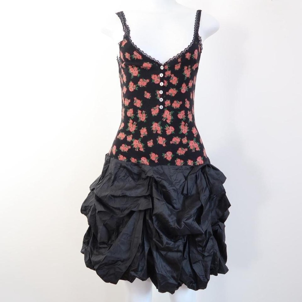 y2k floral bubble hem dress black ribbed top party